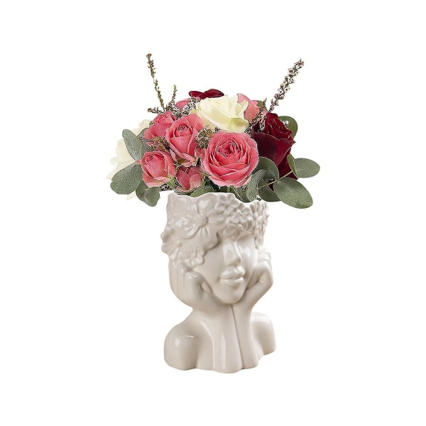 Vit keramisk blomvas för inredning, modern stil kvinnlig ansiktsvas, unik blomstervas för hem([HK])