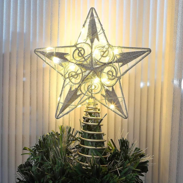 Star Tree Topper med 20 LED-lampor, Silverlighted Treet Top Julgransdekoration, 9 tum (H)[HK] Silver