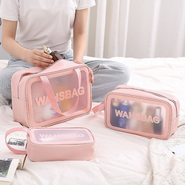 Pu-naiset matkasäilytyslaukku Kosmetiikkalaukku Meikkilaukku Organizer Vedenpitävä pesulaukku Läpinäkyvät kosmetiikkakotelot[HK] Pink-flat