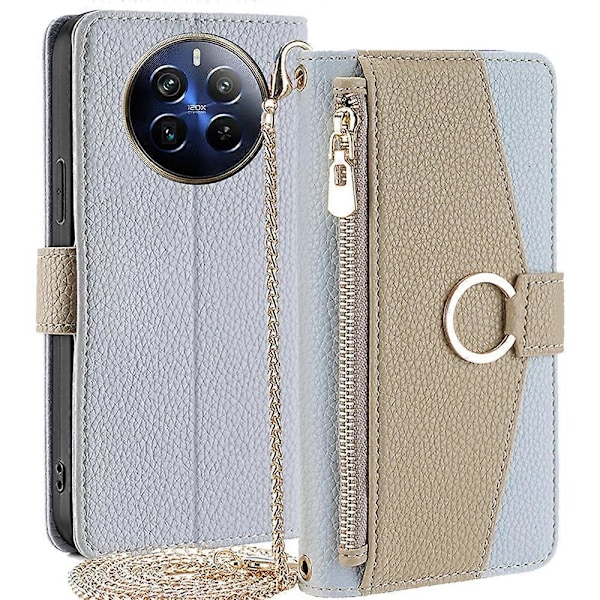For Realme 12 Pro 5G/12 Pro+ 5G Deksel med Lanyard Lommebok Glidelås Lær Telefondeksel[HK] Blue
