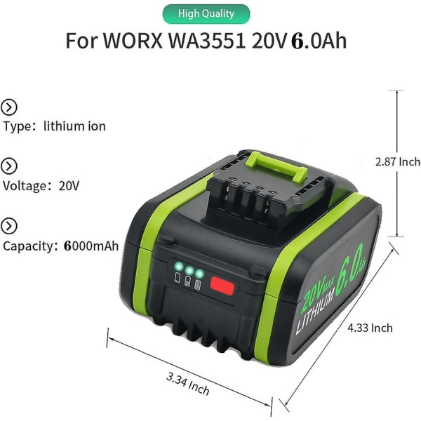 för WORX 20V batteri 6,0Ah litiumuppladdningsbart WA3553 WA3551 WA3553.1 WA3570 för alla WORX el- och trädgårdsverktyg[HhhK]