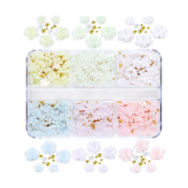 3d blomsternegle charms, 6 farver kronblade blomster charms med perle kaviar perler