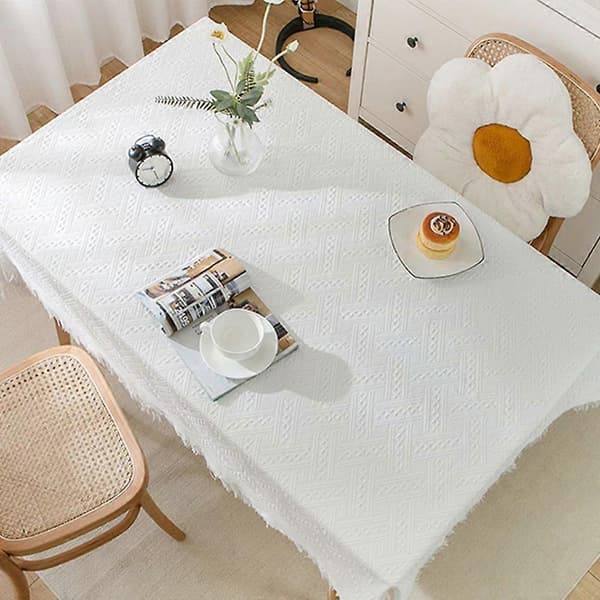 Bordsduk i bomull och linne med tofsar[HK] diamond white [long table] 90*120