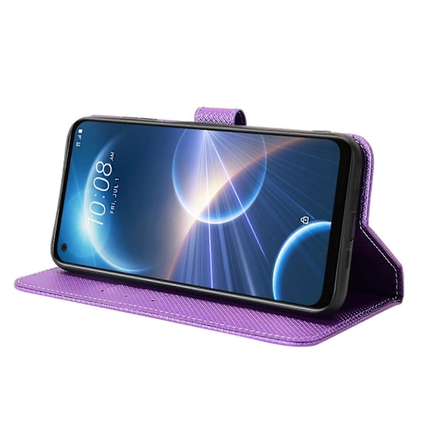 Til HTC Desire 22 Pro 5G Stødsikker Telefon Flip Wallet Etui Skridsikkert Greb Diamanttekstur PU Læder Cover Stativ Kortholder med Håndledsrem[HK] Purple