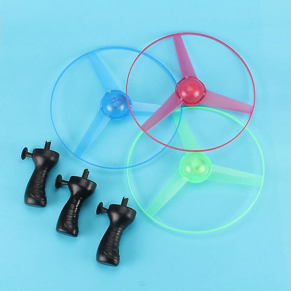 3 stk LED lysende flygende disk helikopterleke, 3 snorutskyttere og 3 flygende tallerkener, trekk snor tallerkener UFO flygende leker for barn[HK]