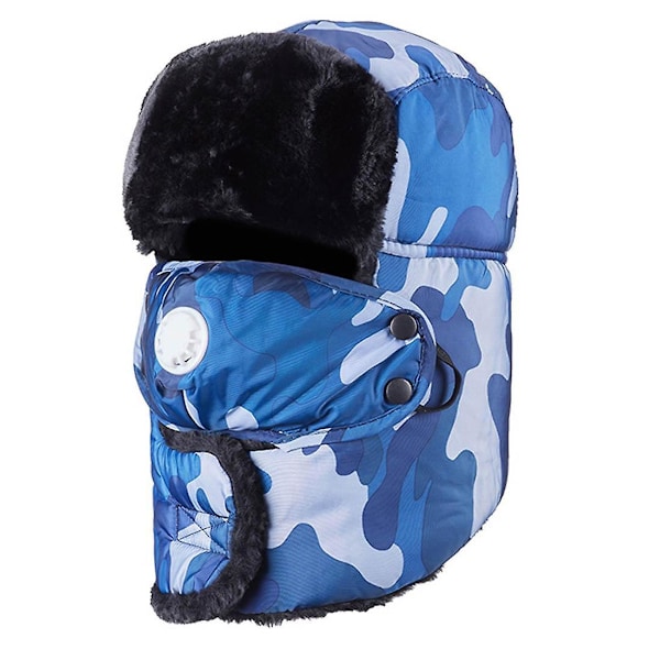 Dame og herre Øreklapper Trapper camo Hat Vinter varm Bomber Ushanka Skihue med maske[HK] Blue Medium