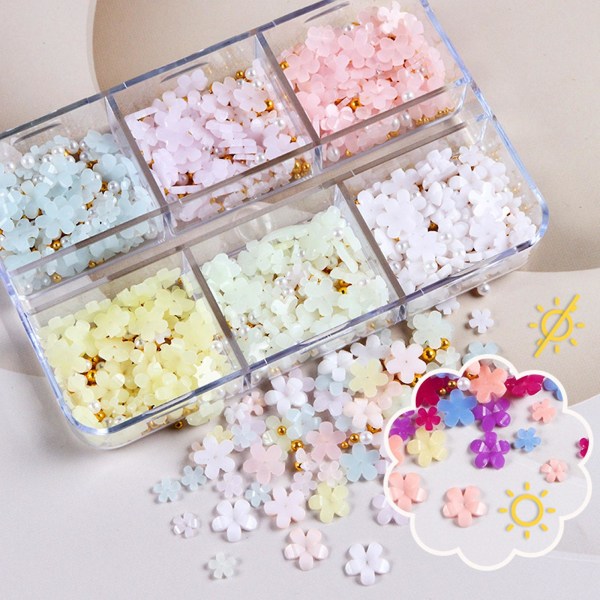 3d Blomster Negle Charms, 6 Farger Blomster Charms Med Perle Kaviar Perler