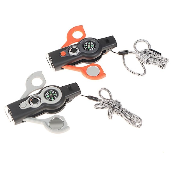 7-i-1 Utomhus Överlevnads Visselpipa Nyckelring Kompass Förstoringsglas LED-Lampa Termometer [HK] Orange