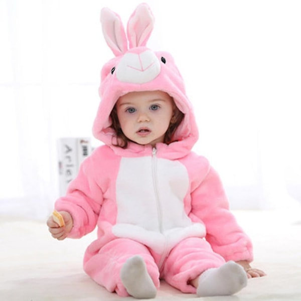 Bran Unisex Baby Romper Cute Warm Stitch Animal Long Sleeves Zipper Thickened Fleece Autumn Winter Children's Clothing[HK] pink 80cm