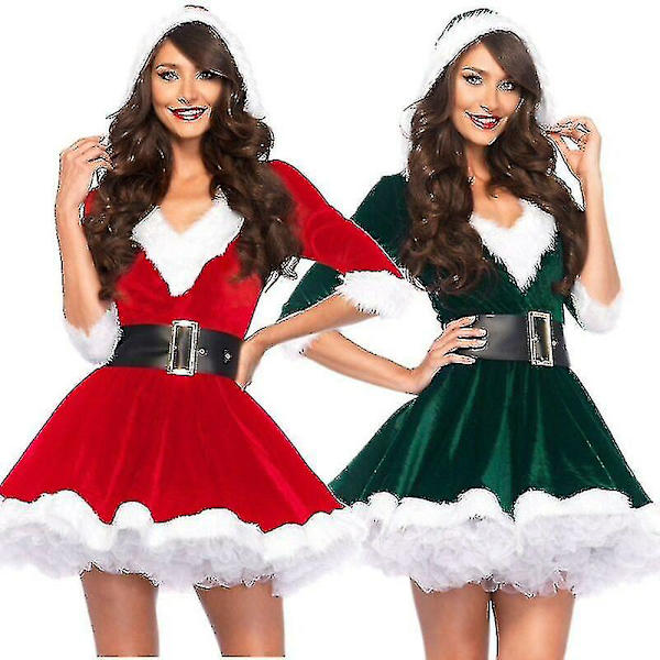 Vuxen Damklänning Jultomte Outfit Fru Jultomte Kostym Maskeraddräkt Jul Tjock Varm Miniklänning[HK] MRed