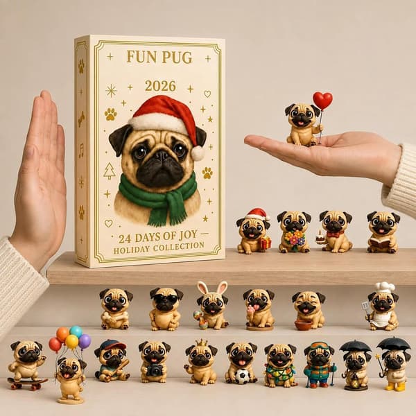 Mops-adventskalender 2026 – 24 miniatyrfigurer, 3D (HK)