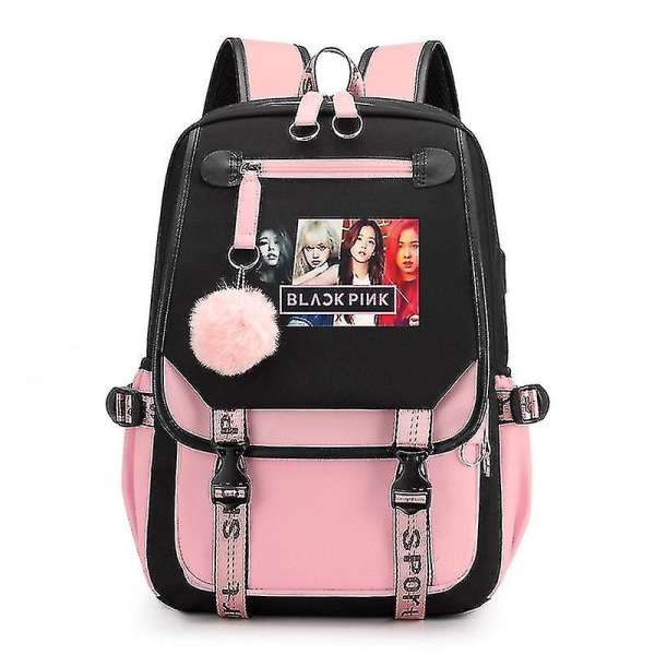 2022 skolväska bokväska med USB laddning och hörlursport (svartrosa) svartrosa ryggsäck bärbar datorväska[HK]