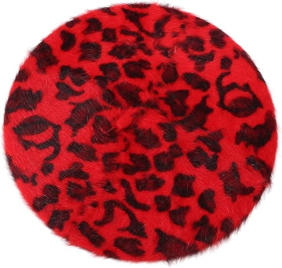 Trendig baskerhatt med leopardmönster, fransar och pompomdetaljer, 100 % ull [HK]