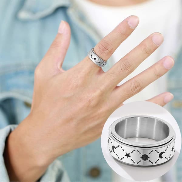 Heytea Spinnerring i rustfrit stål til angst Fidgetringe til at lindre stress Angstring Sol Måne Stjerner Forlovelsesring Størrelse 6[HK]