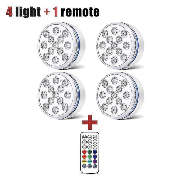 Allasvalo vedenalainen uima-altaan valaistus langaton upotettava LED-valo Ip68 ulkovalaisin akvaarioon kalasäiliöön lampi [HK] 4 light  1 remote 7CM