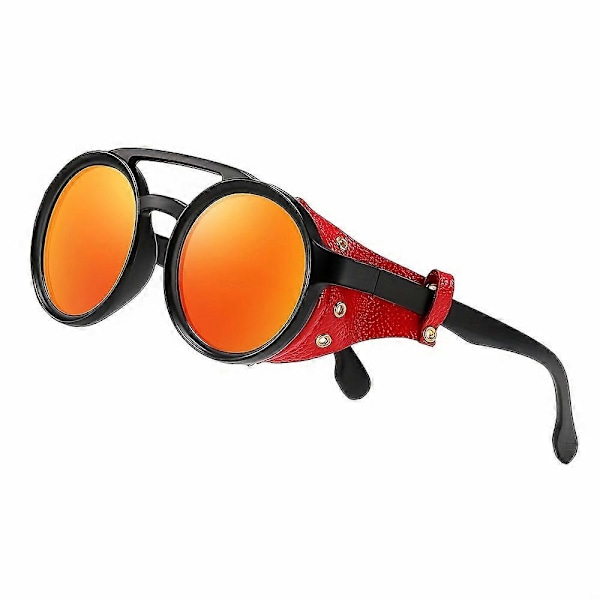 KEITHION Glacier Tuulenpitävät Vuorikiipeily Steampunk-tyyliset Pyöreät Vintage Aurinkolasit, Retro Silmälasit Miehille Naisille Nahkasivusuojuksilla, C[HK] Orange Red