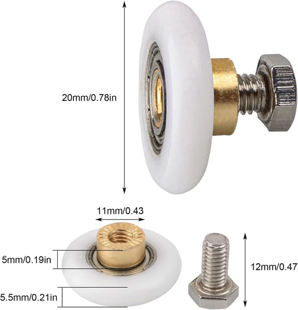 Erstatningsruller til dusjdør, 4 stk. med 20 mm diameter