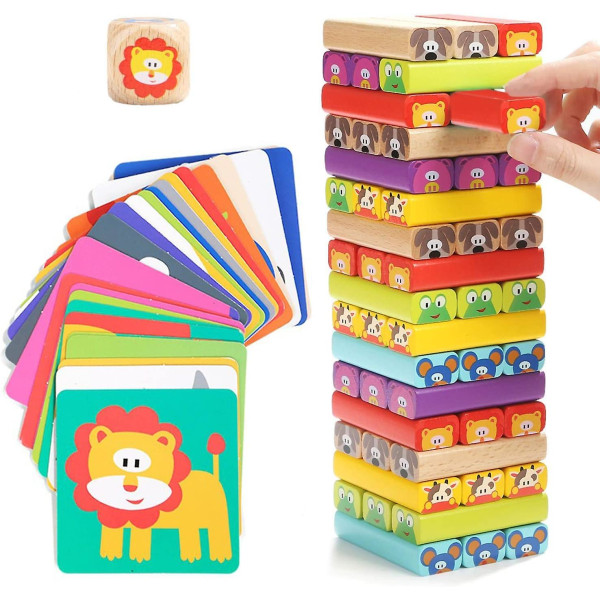 Wobble Tower 4 i 1 trä med färger och djur Pedagogiska barnspel från 3 år på leksaker för flickor och pojkar från 3 till 9 år[HK]