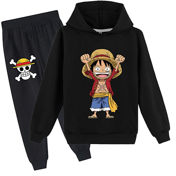 Børns drenge piger One Piece Anime trykt træningsdragt outfits hættetrøje sweatshirt top jogger bukser sæt casual tøj[HK] Black 7-8 Years