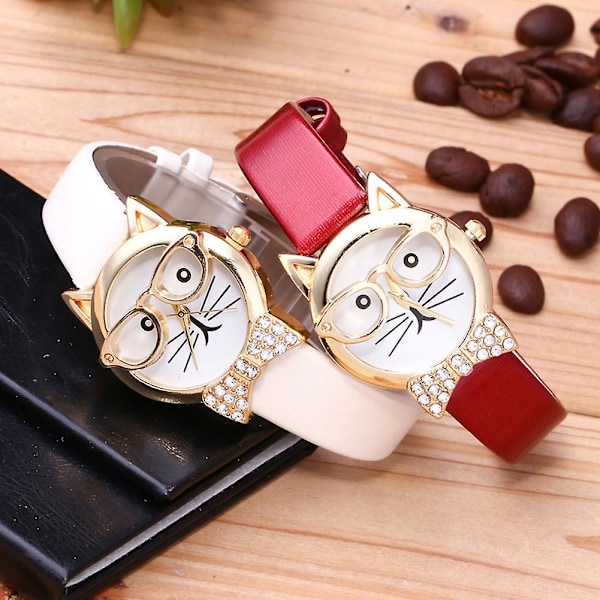 Söt Kattansikte Rund Urtavla Strass Konstläder Analog Quartz Armbandsur[HK] Coffee