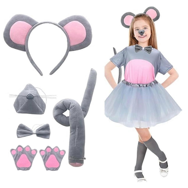 Mussekostyme Sett - Musøre Hodebånd, Hale, Nese, Sløyfe og Hansker - Cosplay Kostyme Tilbehør til Halloween, Jul og Fest