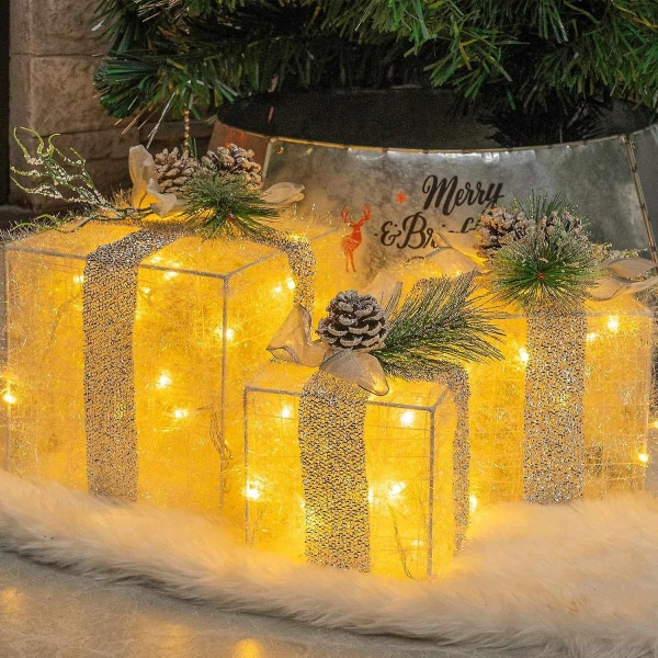 Sett med 3 julelysende gaveesker, forhåndsopplyste 60 LED-lysende gaveesker Ornament Utendørs varm W[HK] Warm White