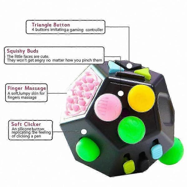 12-sidet Fidget Cube til stresslindring og afslapning - Perfekt gave til voksne og børn[HK] Black