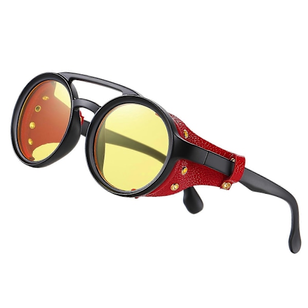KEITHION Glacier Tuulenpitävät Vuorikiipeily Steampunk-tyyliset Pyöreät Vintage Aurinkolasit, Retro Silmälasit Miehille Naisille Nahkasivusuojuksilla, C[HK] Yellow