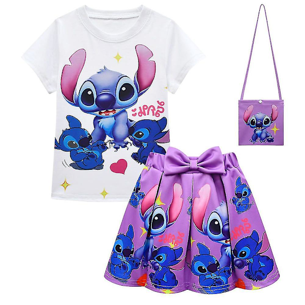 Kids Girls Lilo & Stitch Printed T-Shirt + Bow Pleated Skirt + Crossbody Bag Set Party Cartoon Dress Outfit Gifts[HK]