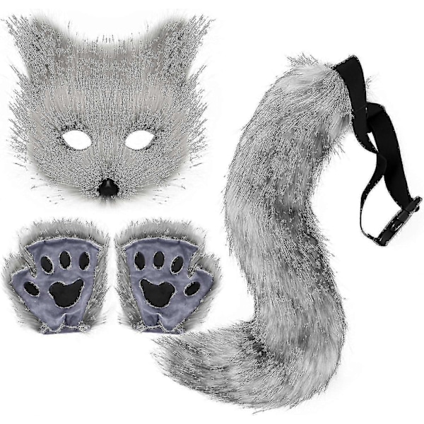 Konstgjord Pälsräv Svans Katt Varulv Cosplay Kostym Set Plysch Mask Fluffiga Tassar Handskar Halloween Jul[HK] Dark Gray