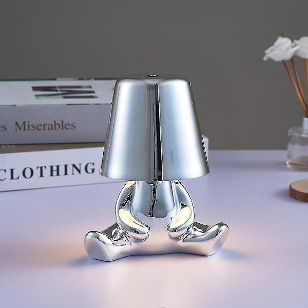 Sengside Touch Control Bordlampe, Sød Sølv Mennesker Led Skrivebord Guld Dekor Tænker Statue Lampe Med Usb Port[hk]