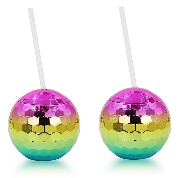 2stk Rainbow Disco Ball Cup med lokk og sugerør - utdrikningslagpynt Festfavoritter([HK])