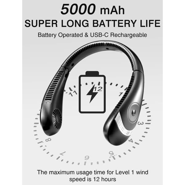 Genopladelig USB Halsventilator - 5000mAh - Moderne Sort - Bærbar[HK]