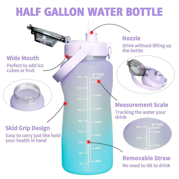 Flaska med Er, 2l flaskor med sugrör Bpa, 2 liters läckagesportflaskor[HK] Purple