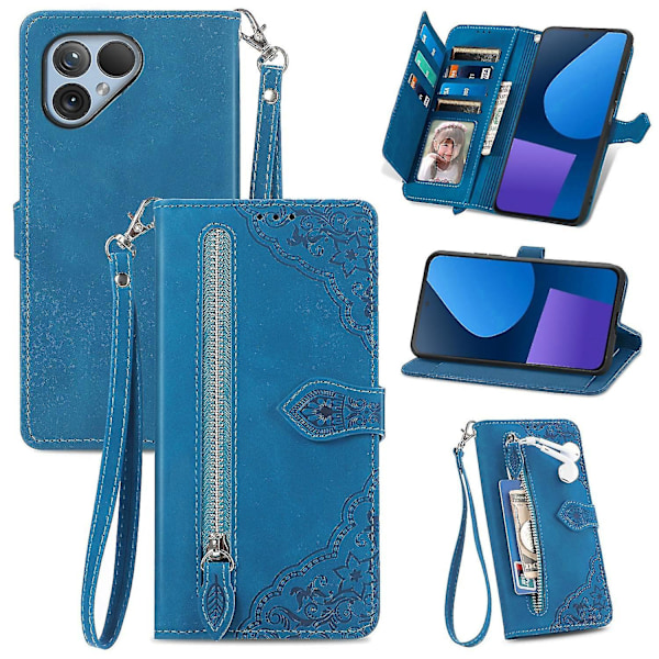Blomst Glidelås Lærveske For Fairphone 5[HK] Blue