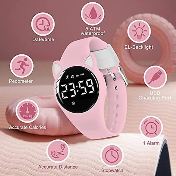 Rosa och Vit Barnklocka, Liten Öra Klocka För Flickor, Digital Fitness Tracker Med Alarm/kronograf/vattenresistent, Presenter För 5-15 Åriga Flickor([HK])