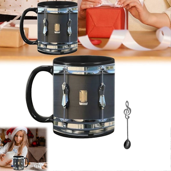 Vintage Trummugg 33 cl Keramisk Mugg med Sked Rolig Svart Retro Svart Trummugg Trumkaffemugg Coola Presenter till Trummis Musiker[HK] C