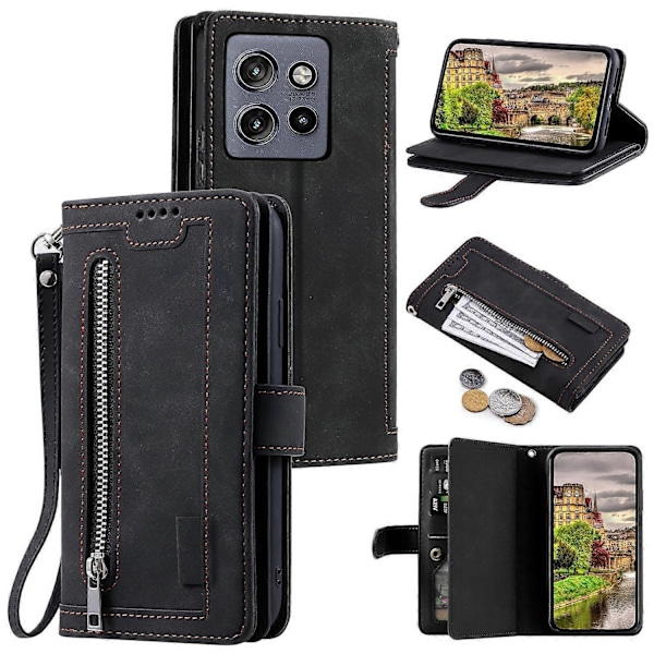 Til Motorola Edge 50 Neo 5G Etui PU Læder Telefon Cover med Lynlås Pung 9 Kort Slots[HK] Style C Multicolor