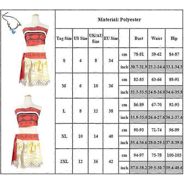 Dam Flickor Moana Cosplay Kostym Set Toppar+Kjol +Halsband Halloween Rollspels Set[HK] XL