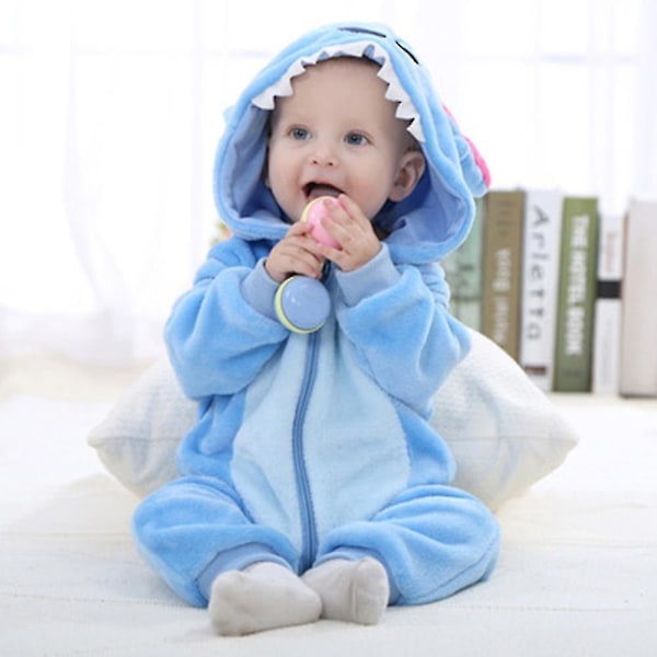 Bran Unisex Baby Romper Cute Warm Stitch Animal Long Sleeves Zipper Thickened Fleece Autumn Winter Children's Clothing[HK] blue 80cm