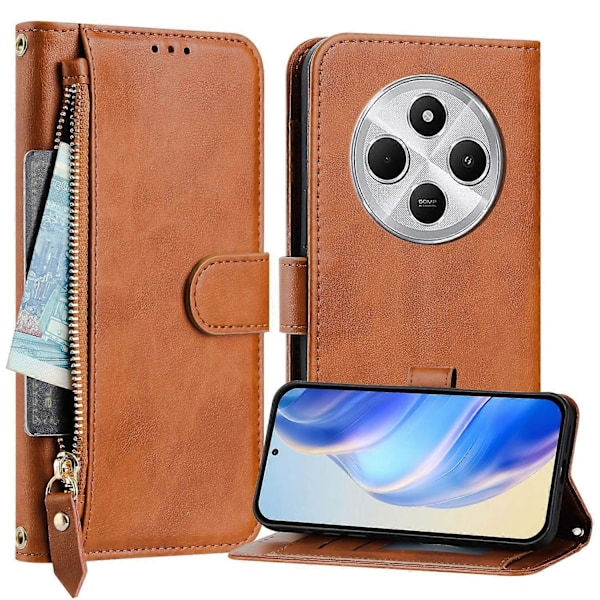 Kotelo Xiaomi Redmi 14R 5G Xiaomi Poco C75 4G Xiaomi Redmi 14C 4G -puhelimille, vetoketjutasku, useita korttipaikkoja [HK] Brown Multicolor