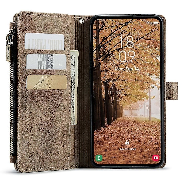 För Samsung Galaxy A55 5G Fodral Dragkedja Läder Telefonfodral med 10 Kortfack [HK] Brown