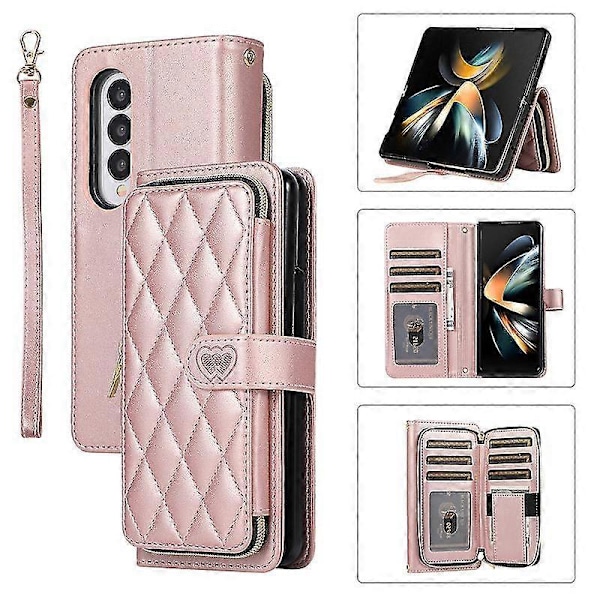 Crossbody Lanyard Dragkedja Läder Z Fold 5 Fodral, Fodral Kompatibelt Samsung Galaxy Z Fold 5 Lyxigt Handledsrep Flip Ställskydd [HK] Rose gold