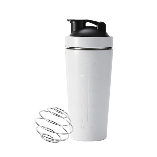 Ruostumattomasta teräksestä valmistettu heraproteiini-shaker-pullo sekoituspallolla ja mittamerkinnöillä, BPA-vapaa, kuntosalille ja urheiluun, veden sekoituskuppi [HkkK] White 739ML 25OZ