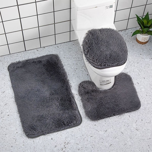 HK  Kodin tarvikkeet Yksivärinen 3-osainen kylpyhuoneen mattosetti Kylpyhuoneen WC-matto-liukumaton matto Yksivärinen kylpyhuoneen WC-lattiamatto Gray