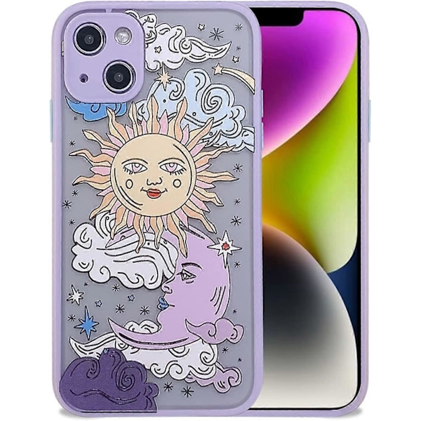 Kompatibelt med iPhone 14 Skal, Klar Frostat PC Baksida 3D Sol Måne Tecknade Figurer Flickor Kvinna och Mjuk TPU Stötfångare Silikon Slim Skal för iPhone [HK] standard Purple