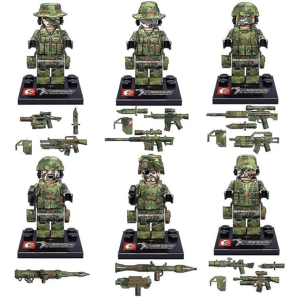 6 stk Militære byggeklodser Aberdeen Camouflage Falcon Commando med våben Små partikler og indsættelse af byggeklodser i poser[HK]