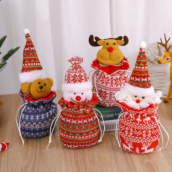 Julklappspåsar med dragsko, 3D-design Äppelpåsar, Julklappspåse med stickad snögubbe Äpple[HK] Knitted snowman apple bag