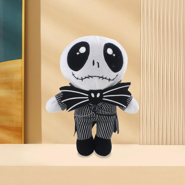 Gentleman Jack Skjelett Plussjedokke med Flaggermus Sløyfe og Stripete Dress - Skummel Hodeskalle Jack Fyllt Leke [HK] Black & White