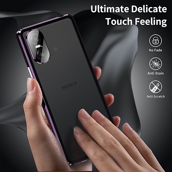 For Sony Xperia 10 VI Herdet Glass Deksel Metallramme Klar PC Bakside Magnetisk Telefondeksel -[HK] Purple Multicolor
